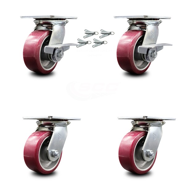 Service Caster 5 Inch Poly on Aluminum Caster Set with Roller Bearing 4 Swivel Lock and 2 Brake SCC-35S520-PAR-SLB-BSL-2-BSL-2 - main